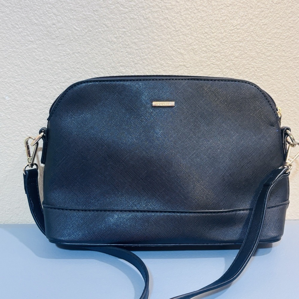 Black Faux Leather Crossbody‎ Bag Purse Detachable Silver Strap Roomy Classy
